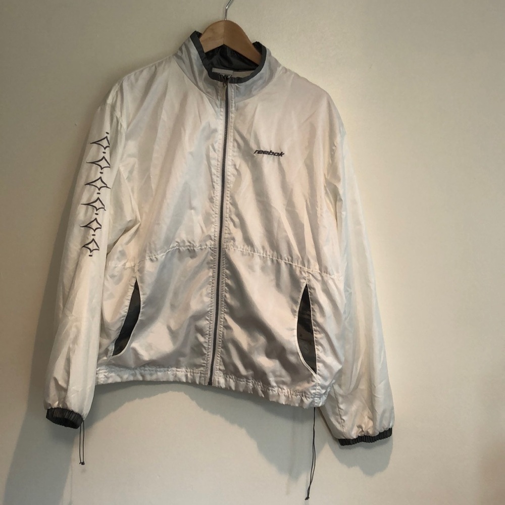 VINTAGE 90’s Reebok Full Body Zip Windbreaker in White With Gray Accents, Size L
